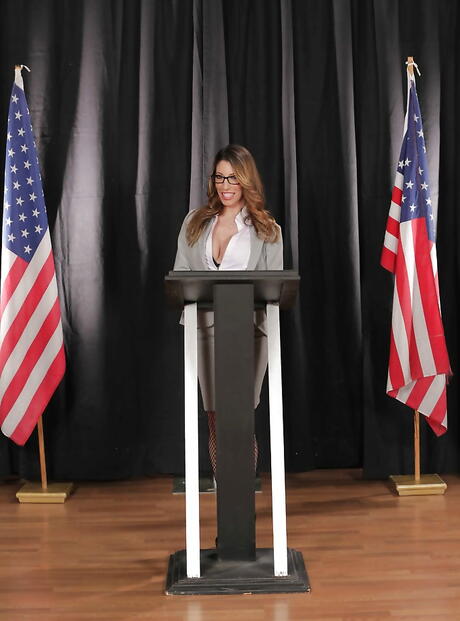 Excellent american babe Dava Foxx in sexy underwear baring big tits and butt in office