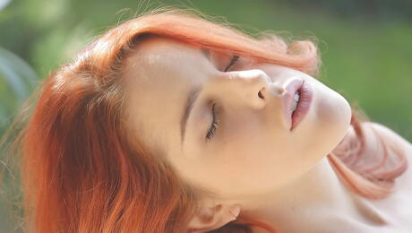 Slim spanish red-haired Amarna Miller in sexy undies baring small tits and masturbating outside